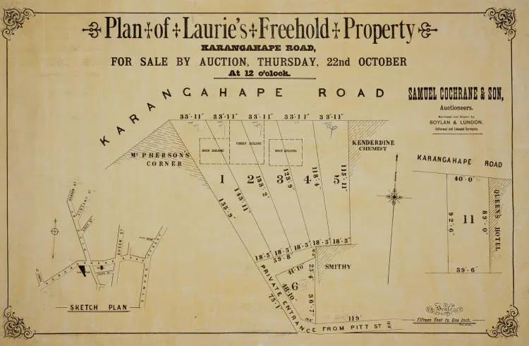 Plan of Laurie's freehold property Karangahape Road, for sale by auction, Thursday, 22nd October, at 12 o'clock.