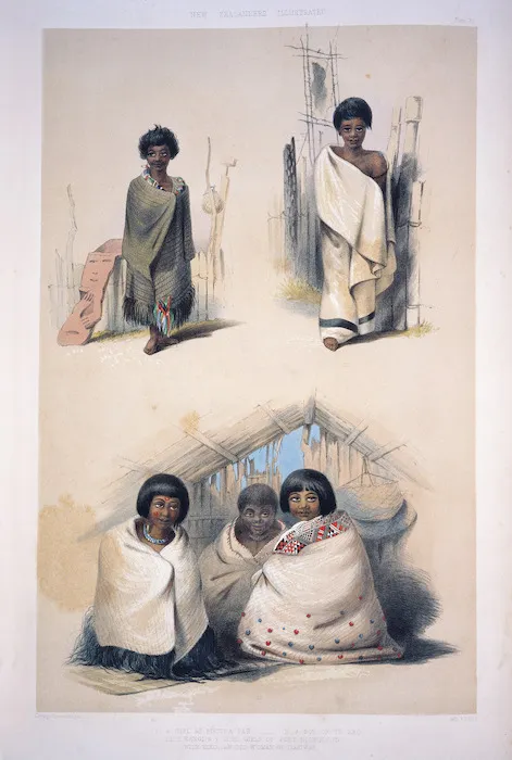 Angas, George French 1822-1886 :A girl at Pipitea Pah. A boy of Te Aro. E Rangi and E Tohi, girls of Port Nicholson with Kiko, an old woman of Tiakiwai. George French Angas [delt et lith]. Plate XXXI 1847.