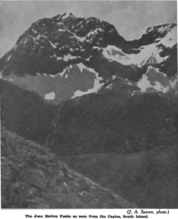 Image: (J. A. Speren, photo.) — The Jean Batten Peaks as seen from the Caples, South Island