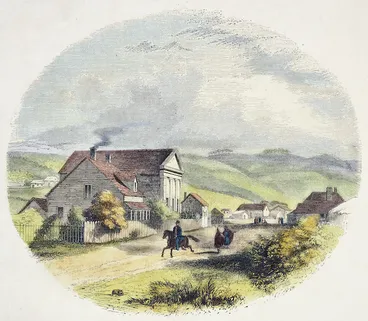 Image: [Brees, Samuel Charles] 1810-1865 :Wesleyan Mission premises, Wellington, New Zealand [Engraved by] E Whimper [London] 1852