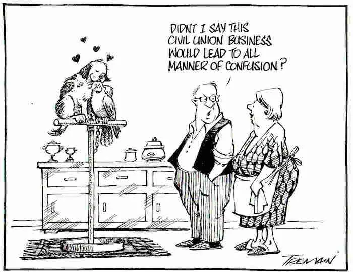 Tremain, Garrick, 1941- :Didn't I say this civil union business would lead to all manner of confusion? Otago Daily Times, 8 December, 2004.