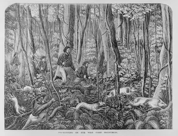 Image: Artist unknown :Pig-hunting on the West Coast goldfields. 1868