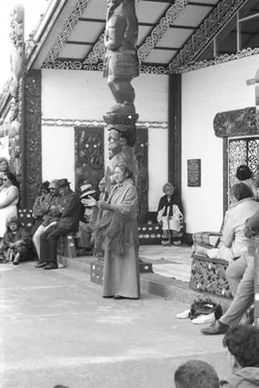 Image: Eva Rickard speaking outside Te Puea marae. Te Hikoi ki Waitangi