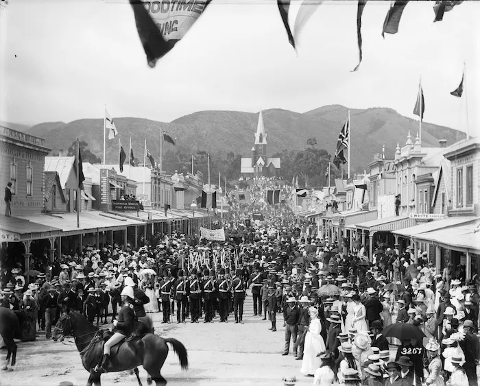 Procession celebrating Queen Victoria's Golden Jubilee, Trafalgar Street, Nelson