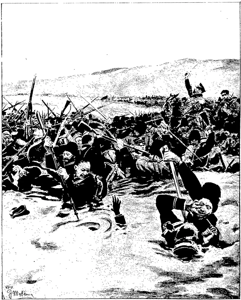 A FIGHT IN THE SEA: AN INCIDENT OF THE BATTLE OF NAN-SHAN. During the attack on Nan-shan, the Japanese right wing, which rested on the coast, was extended until the men had to advance through the water. There the Osaka men, who have lately so signally disproved their ancient reputation for cowardice, encountered a body of Russians, and a desperate fight ensued between combatants waist deep m the water (Otago Witness, 24 August 1904)