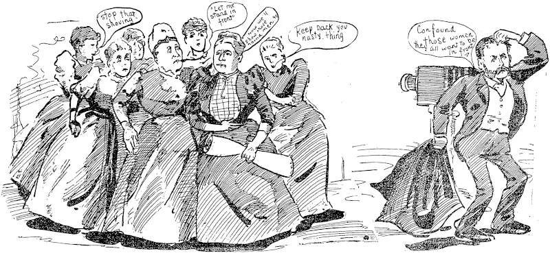 The rush, to be ' taken/ Everyone wants to stand in front. The photographer beside himself (Observer, 28 October 1893)