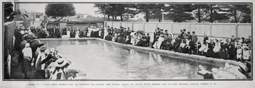 Opening of a public school swimming bath. His Excellency the Governor Lord Plunket, opening the Jeannie Fowlds Memorial Bath at Point Chevalier, Auckland, December 23, 1907 Image: Opening of a public school swimming bath. His Excellency the Governor Lord Plunket, opening the Jeannie Fowlds Memorial Bath at Point Chevalier, Auckland, December 23, 1907