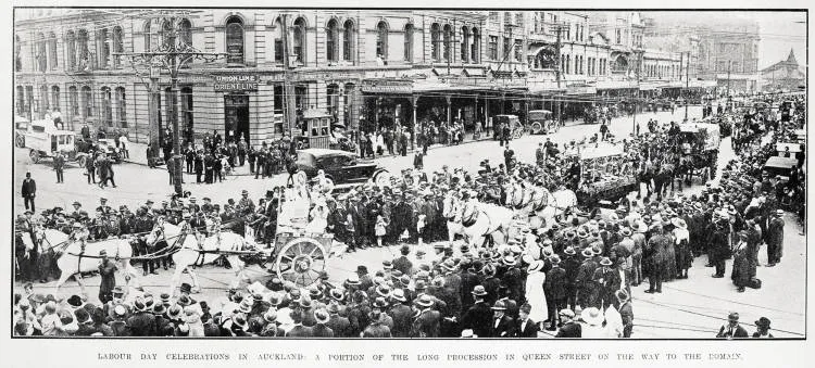 Labour Day celebrations in Auckland: a portion of the long procession in Queen Street