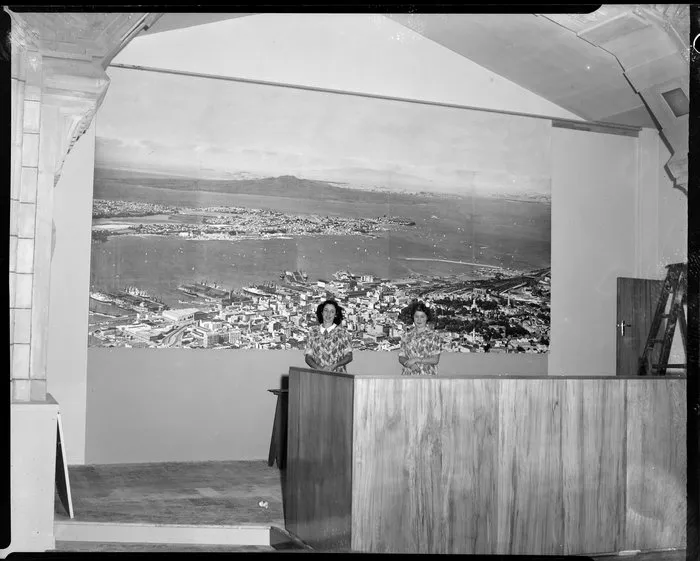 Photographic mural at Milne and Choyce, [Auckland?], with unidentified women