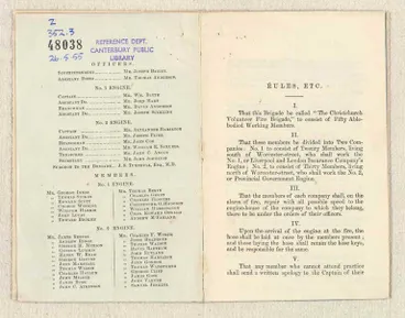 Image: Revised rules & regulations, together with a list of the officers and members now forming the Christchurch Volunteer Fire Brigade, founded 7th Nov., 1860.