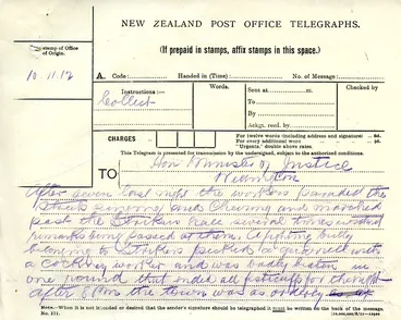 Image: Waihi Strike Telegrams from Police Commissioner John Cullen, 10 November 1912 (1 of 3)