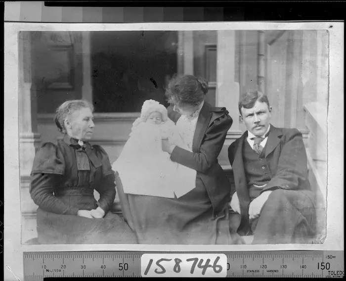 Photographer unknown :Isabel Jane Field and William Hughes Field, with their baby, (probably Isabel Hughes Field) and Rachel Hodgkins. ca 1894.