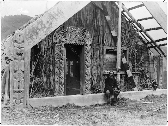 Hamiora Potakurua outside the Eripitana meeting house, Te Whaiti, Whakatane
