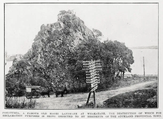 Pohaturoa, a famous old Māori landmark at Whakatane, the destruction of which for reclamation purposes is being objected to by residents of the Auckland provincial town