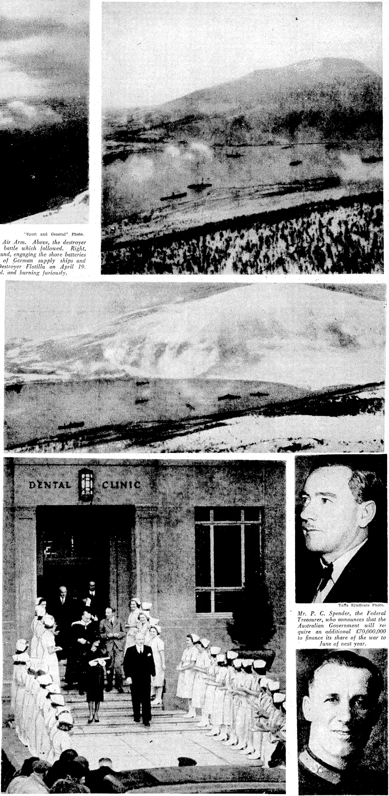 livening Post" Photo. Lady Galivay and the Prime Minister, Mr. Fraser, leaving Wellington's new dental clinic in Willis Street yesterday afternoon after, the opening ceremony had ended. Dental nurses are formed up as a guard of honour^ (Evening Post, 15 May 1940)