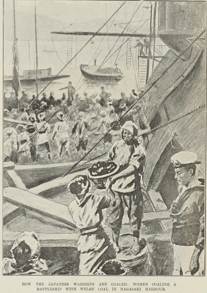 How the Japanese warships are coaled: women coaling a battleship with Welsh coal in Nagasaki harbour