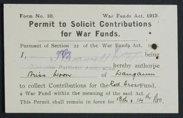 Image: Document, 'Permit to Solicit Contributions for War Funds.'