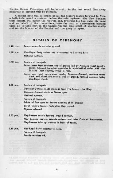 Image: British Empire Games, Auckland, New Zealand, 1950 :Details of ceremony. [Athletics, first day. Saturday, 4th February at Eden Park. Official programme. 1950. Page 6].