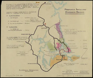 Image: Automobile Association (Auckland) Inc :Proposed Auckland Harbour Bridge [map with ms annotations]. [195-?].