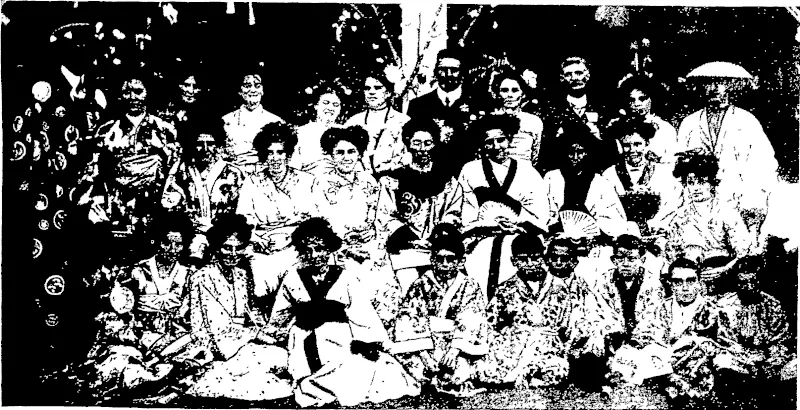 THE RECENT FLORAL FETE AT PALMERSTON XORTH • GROUP, INCLUDING L VDIES IX  JAPANESE COSTUME, WHO ASSISTED ON THE OCCASION.  The fete was held in aid of the hospital ard local charities. Seated in the centre of th<- midd'e row. Mrs Na-h (Mayoress) and Mrs Aitcheson. Standing at back, Mr Nash (Mayor) and Mr Aitcheson (secretary) (Otago Witness, 03 March 1909)