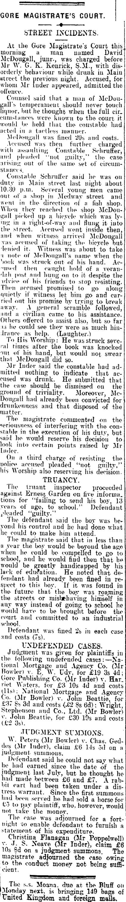 GORE MAGISTRATE'S COURT. (Mataura Ensign 9-9-1909)