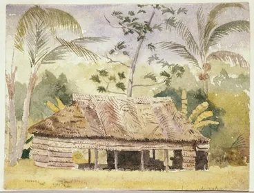 Image: [Lister Family] :? N. Z. [Pacific Island hut with coconut palms, Samoa? 1889 or 1890]