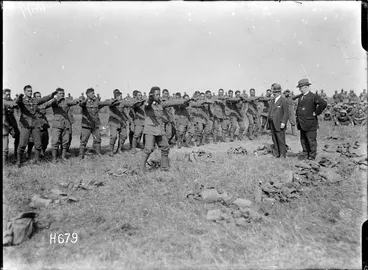 Image: Members of the Pioneer Battalion performing a haka for ministers Massey and Ward, Bois-de-Warnimont, France