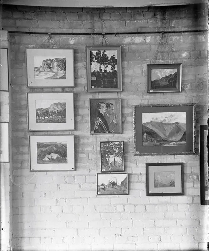 Art Exhibition, The Group. 1927. Their First Exhibition . 109 Cashel Street. The Entrance by the right-of-way between Whitcombe and Tombs and J. W. Gibb's, and Through. Lohrey and Co.'s Auction Rooms. Easy to Find! Christchurch, Canterbury, New Zealand. Original Artists were They were Margaret Anderson (later Frankel), Viola Macmillan Brown, Cora Wilding, Evelyn Polson (later Page), Edith Wall, Ngaio Marsh, William H. Montgomery, and William S Baverstock.