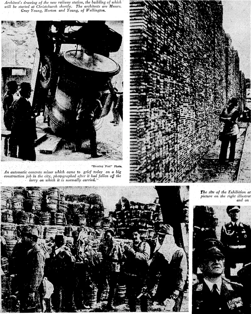 Architect's drawing of the new railway station, the building of which will be started at Christchurch shortly. The architects are Messrs. Gray Young, Morton and Young, of Wellington. i ■}•.■ ••....,>' ;'"; ;:!'. ;->;■■■'; „■<- ■'■ ■'■'".' '.■•■"'"' ' -''.: "■' "Evening 'Post" Photo. .:' Ah automatic concrete mixer which came to grief today on a big ■ construction job in the city, phoipgraphed after it had fallen off the lorry on which it,is normally carried,^ ; • :•;,'■■■..■■=■•■■> Bport and-General Photo. Kegs of I bean paste piled ten feet high in the streets of KiuJdang give some 'idea of the immense quantity of the' Japanese army stores which were assembled here in preparation for the big drive towards Hankow. (Evening Post, 20 October 1938)