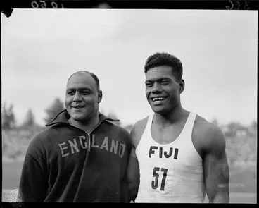 Image: Winners of the men's shotput event, 1950 British Empire Games, Eden Park, Auckland