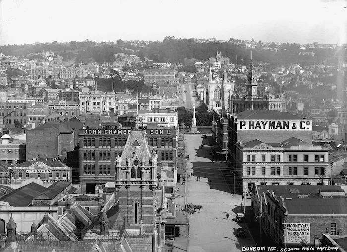 Dunedin city, looking along lower Stuart Street