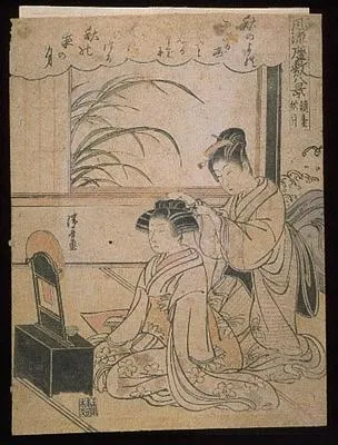 Lady kneeling before a mirror and toilet table, a servant dressing her hair