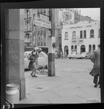Image: Pedestrians struggling against the wind, Lambton Quay and Stout street corners, Wellington