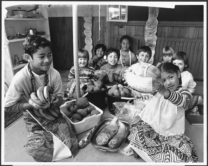 Pupils of Strathmore Park School with food for umu - Photograph taken by Evening Post
