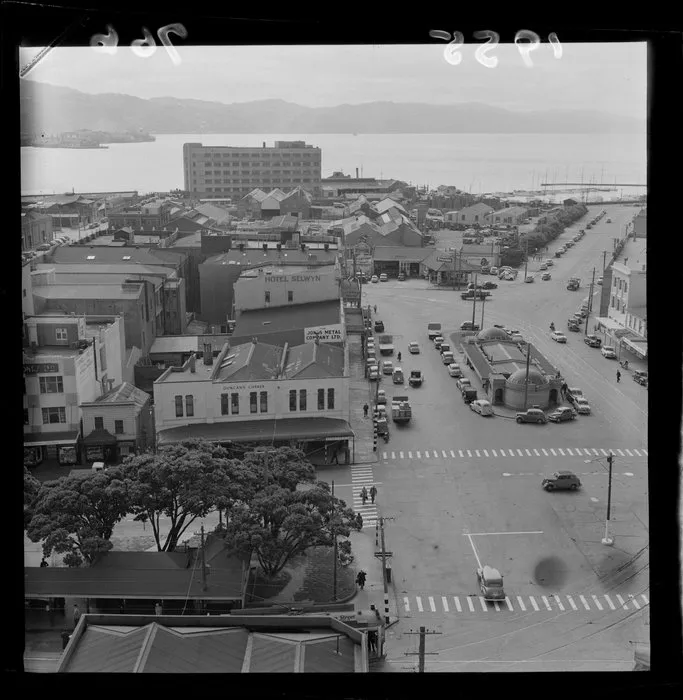 Kent and Cambridge Terraces, Wellington, including 'Taj Mahal' toilets, Duncans Corner, Jones Metal Company Limited, Hotel Selwyn, Firestone, Old Post Office, site of trolley bus terminus for Karori and Wadestown, and Wellington Harbour