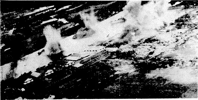 Japanese shipping in the Saigon River blasted by carrier-borne aircraft. (Evening Post, 16 August 1945)