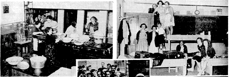 Evening Post" Photo. Sdenes at Newtown School, ivhere the children from Whangarei and the far north and their escorts have been housed and fed whilst in Wellington. At the top are the kitchen (left) where the meals have been prepared and served, and one of the classrooms (right) used-as a dormitory. Bottom right, boys: queued up at meal time. (Evening Post, 25 January 1940)