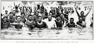 Merry Maoris and Niue islanders: troops disport themselves in the waves at Narrow Neck beach Image: Merry Maoris and Niue islanders: troops disport themselves in the waves at Narrow Neck beach