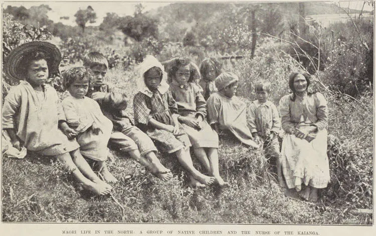 Māori life in the north: a group of native children and the nurse of the kaianga