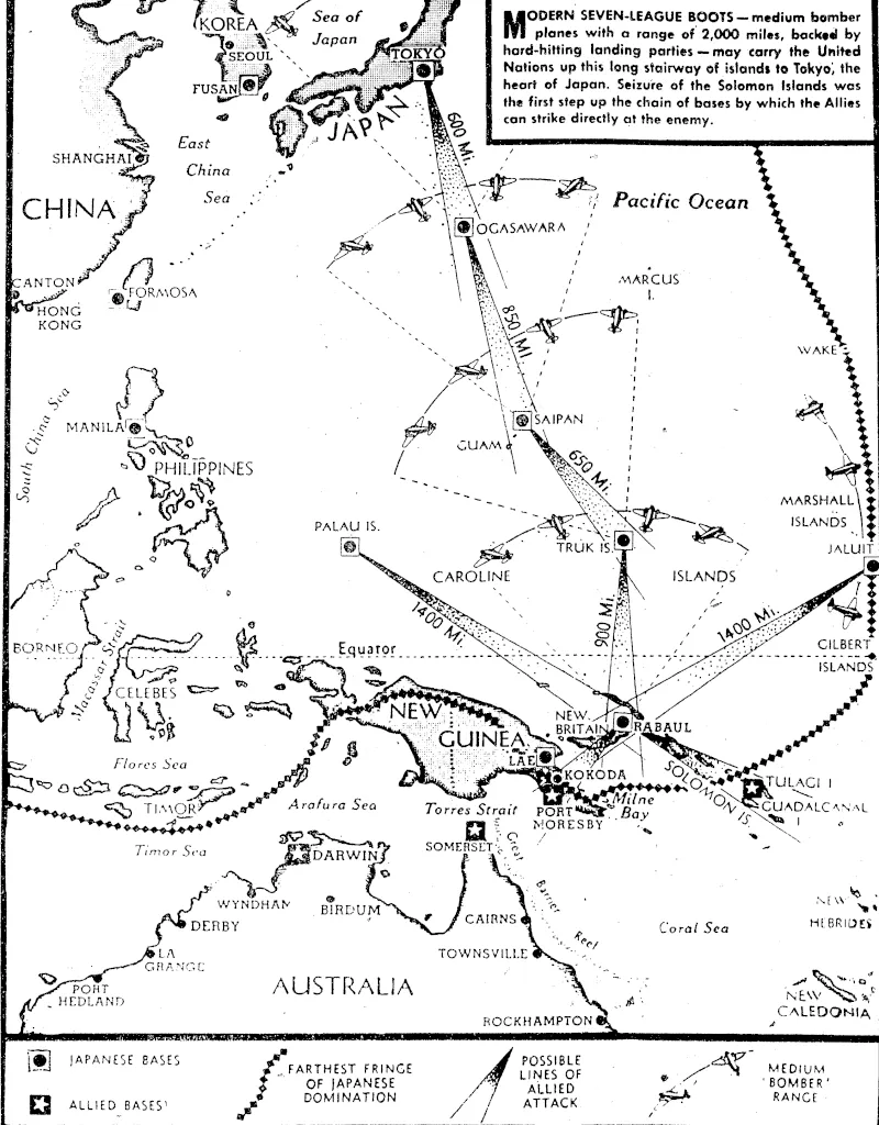 This map shows how the United Nations' action in the Solomon Islands opens the way to a possible move against, Japan itself, step by step, using Australia as the main base and Port Moresby and the Solomons as the first springboards. (Evening Post, 21 October 1942)