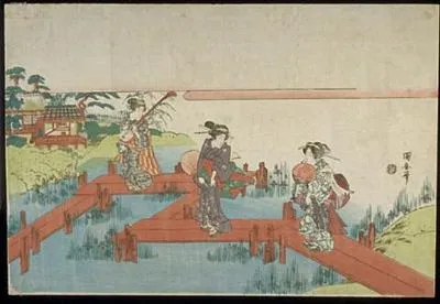 Three ladies crossing a footbridge, one carries a samisen