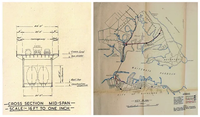 Plan showing combined road and rail bridge over Auckland Harbour, 1949