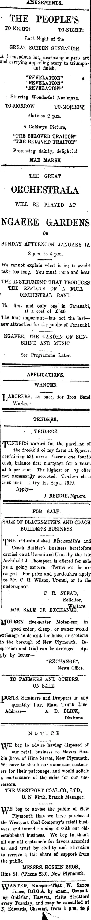 Page 1 Advertisements Column 2 (Taranaki Daily News 10-1-1919)