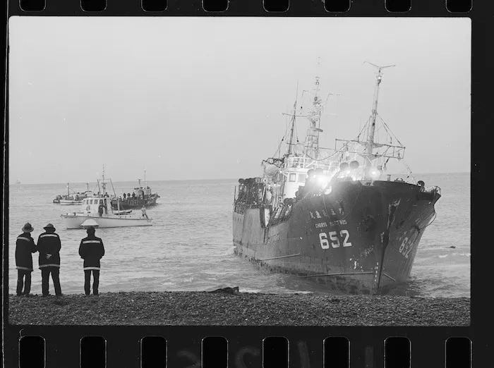 Japanese fishing vessel Choyo Maru 5 aground in Fitzroy Bay, Wellington - Photograph taken by Jack Short or Merv Griffiths