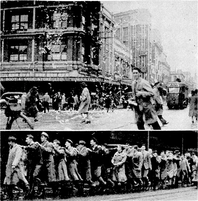 Scenes in Willis Street shortly after 11 o'clock this morning, when the new of the Japanese surrender became knoivn. (Evening Post, 15 August 1945)