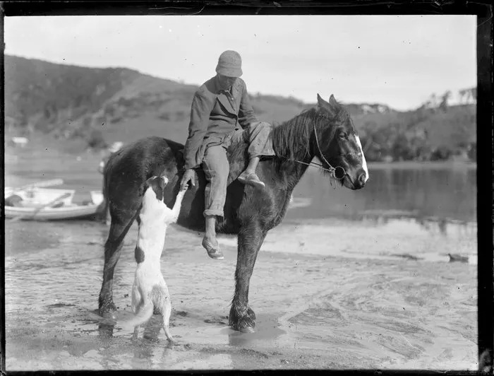 Unidentified man, bareback rider, with dog on beach