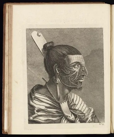 Image: Parkinson, Sydney 1745-1771 :The head of a New Zealander, with a comb in his hair, an ornament of green stone in his ear, and another of a fish's tooth round his neck, / Thornton sculp. [1773].