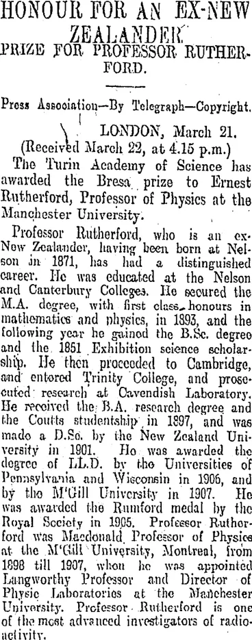 Image: HONOUR FOR AN EX-NEW ZEALANDER (Otago Daily Times 23-3-1908)