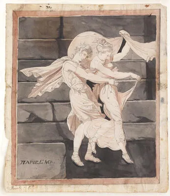 Aphrodite carrying off Paris after his battle with Menelaus