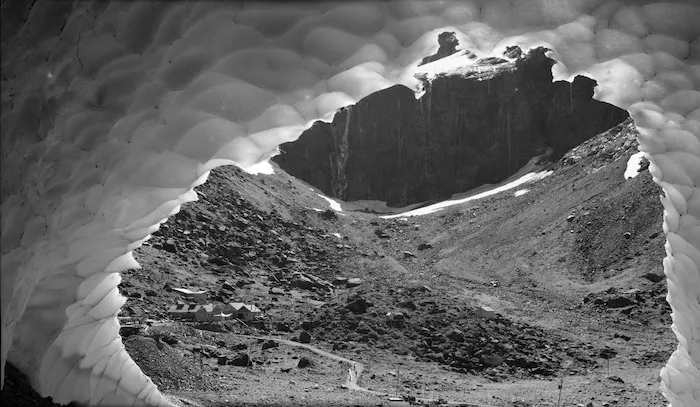 View from an ice cave near the Homer tunnel in the Eglinton River Valley, Southland